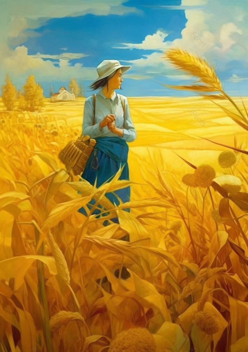 蓝天白云秋天麦子女生人物插画背景,插画/手绘图,插画/手绘图库,插画/手绘图下载,插画/手绘